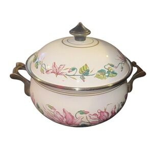 Vintage ASTA Enamelware Cooking Pot & Lid Brass Handles Pink Flowers